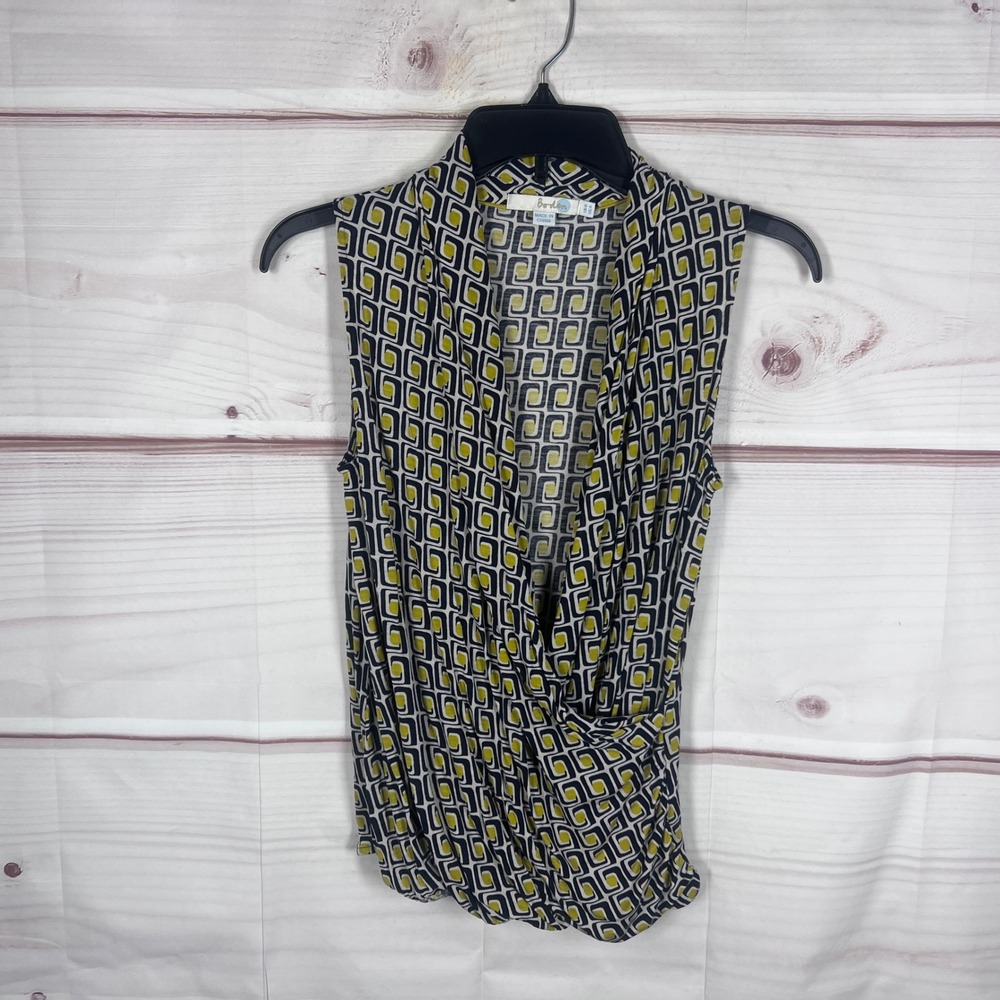 Boden Sleeveless Top Womens Size 4 Blue Yellow Geometric Faux Wrap Blouse Knit